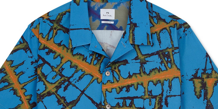 Paul Smith Men's Regular Fit Abstract Print Camp Shirt Blue Size Large