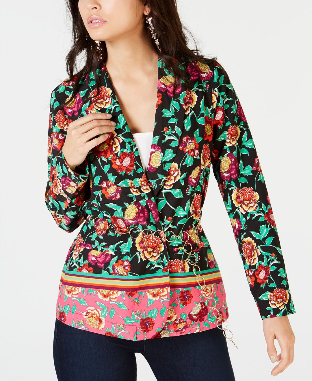 Thalia Sodi Women's Floral Belted Blazer Pink Size Large