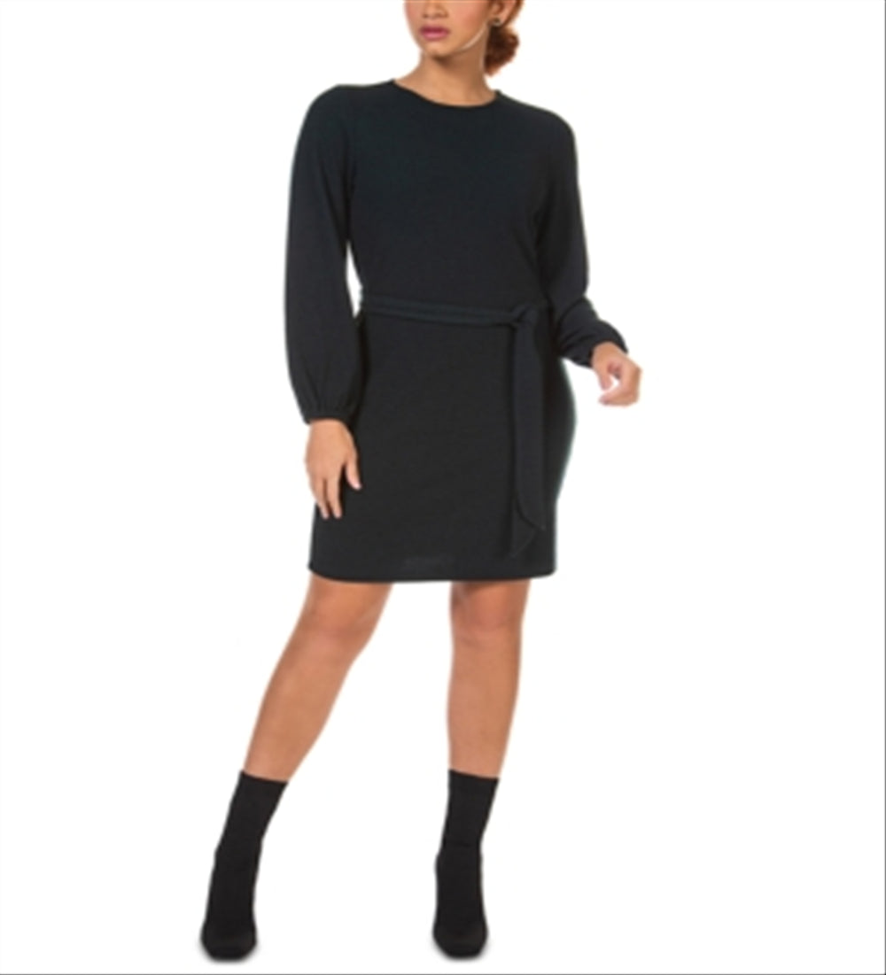 Black Tape Belted Balloon-Sleeve Sweater Dress Black Size L