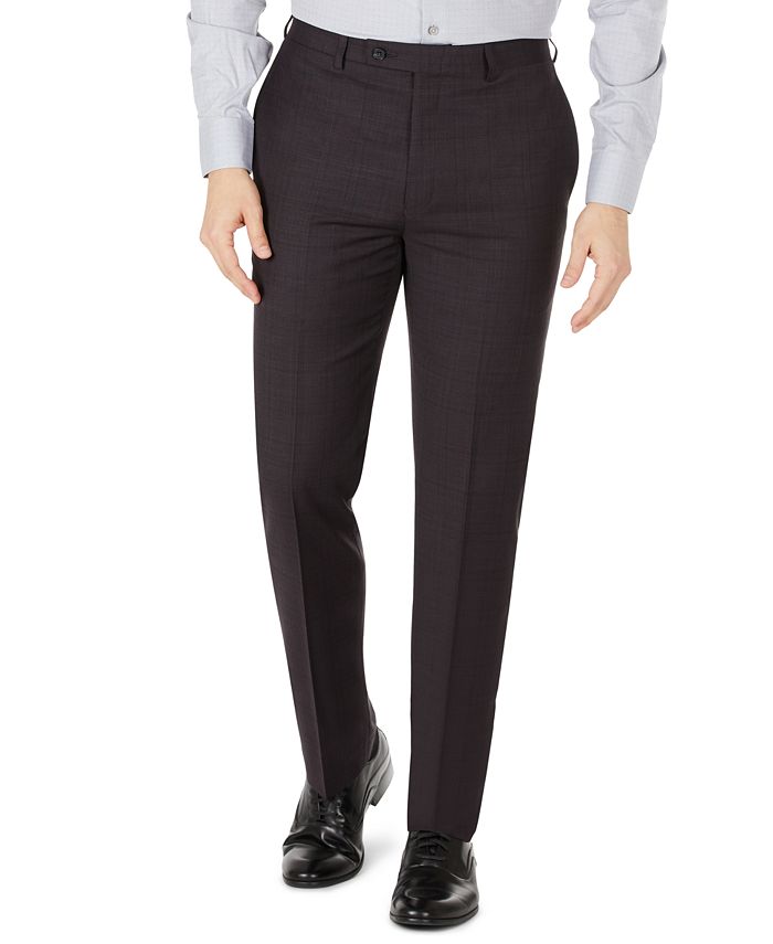 Calvin Klein Men's Skinny Fit Tonal Plaid Wool Dress Pants Brown Size 32X34