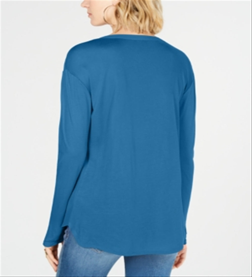 INC International Concepts Women's Split Neck Pullover Blouse Blue Size Petite Large