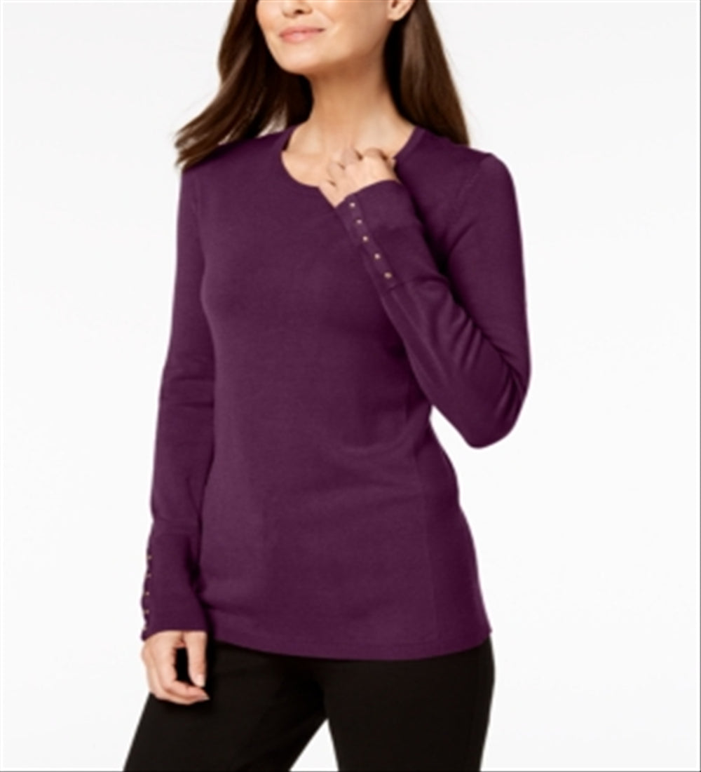 JM Collection Women's Embellished Cuff Sweater Purple Size Petite Medium