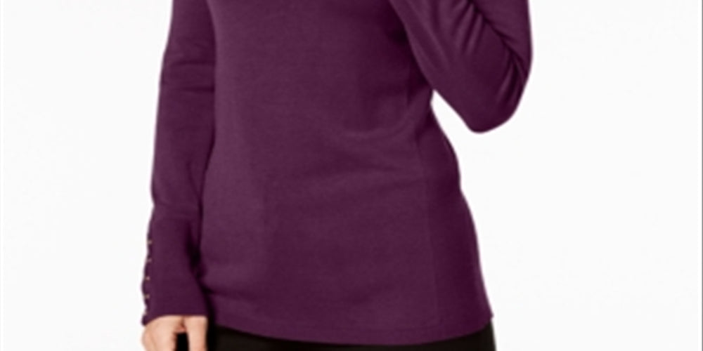 JM Collection Women's Embellished Cuff Sweater Purple Size Petite Medium