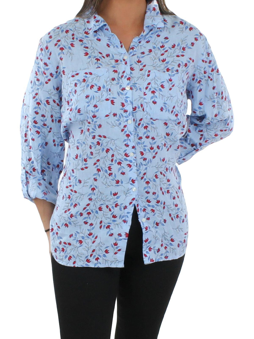 Charter Club Women's Floral Linen Button Down Top Blue Size Large