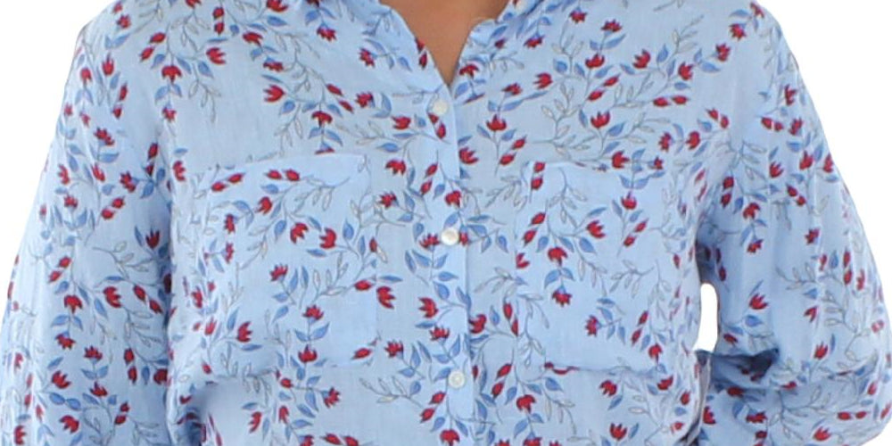 Charter Club Women's Floral Linen Button Down Top Blue Size Large