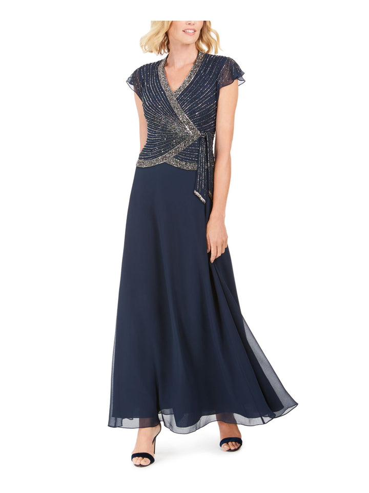 J Kara Embellished Long Side-Tie Gown Blue Size 16