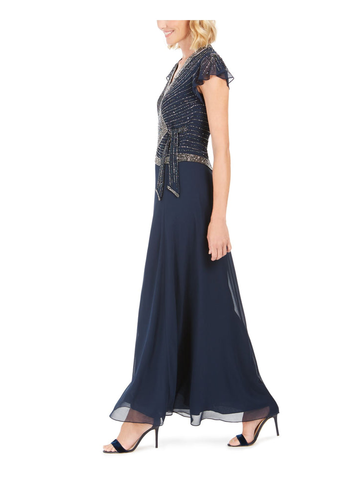 J Kara Embellished Long Side-Tie Gown Blue Size 16