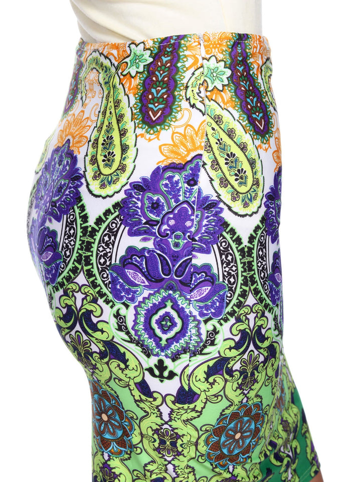 White Mark Women's Colorful Paisley Printed Pencil Skirt Green Size Large