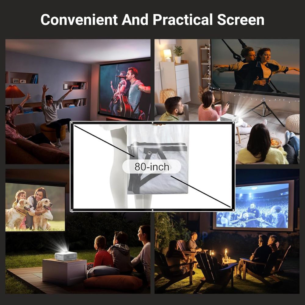 GKLPO Mini Projector 1080P with Projector Screen, 50% Zoom, Portable Outdoor Movie Projector, Compatible with TV Stick, Video Games, HDMI, USB, Smartphone