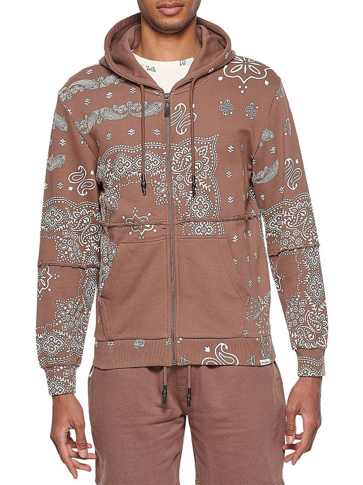 elevenparis Men's Paisley Print Zip Hoodie Brown Size Large