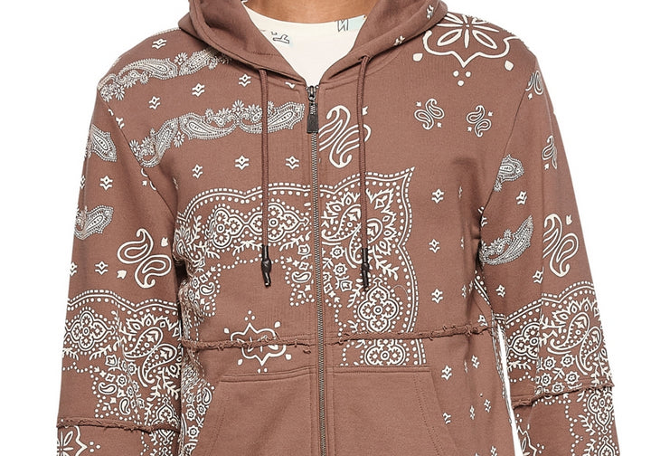 elevenparis Men's Paisley Print Zip Hoodie Brown Size Large