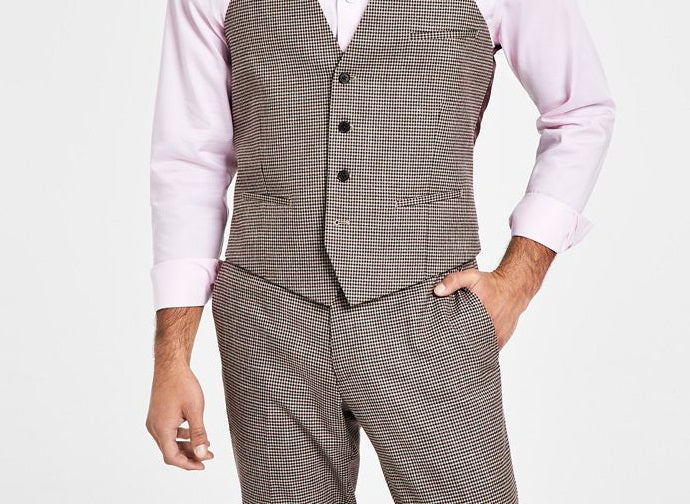 Bar III Men's Slim Fit Check Suit Separate Vest Brown