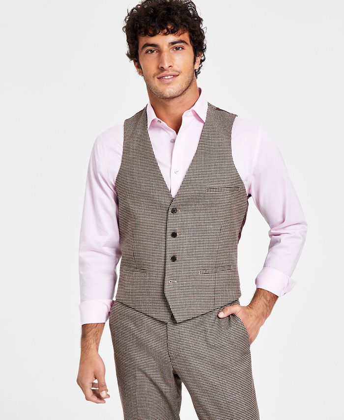 Bar III Men's Slim Fit Check Suit Separate Vest Brown