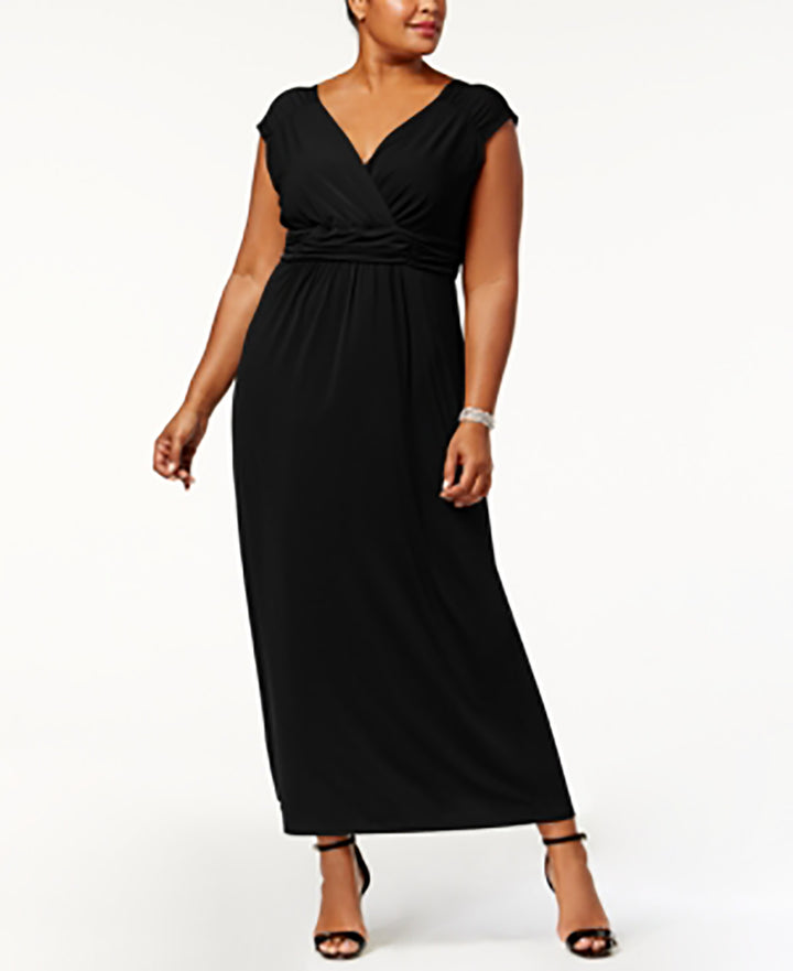 NY Collection Women's Plus Ruched Empire Maxi Dress Black Size 1X