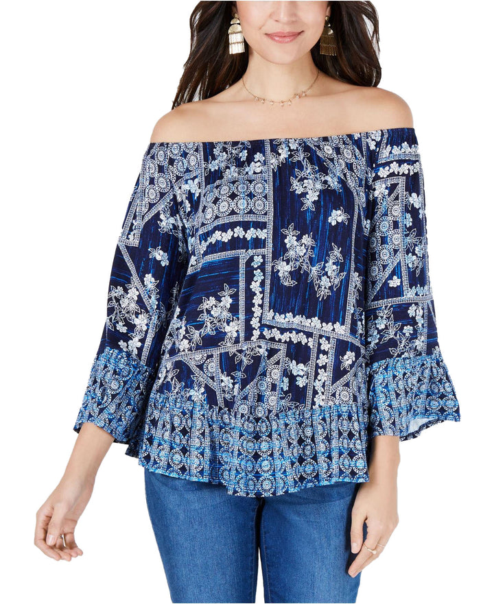 Style & Co Women's Printed Off The Shoulder Top Blue Size Small