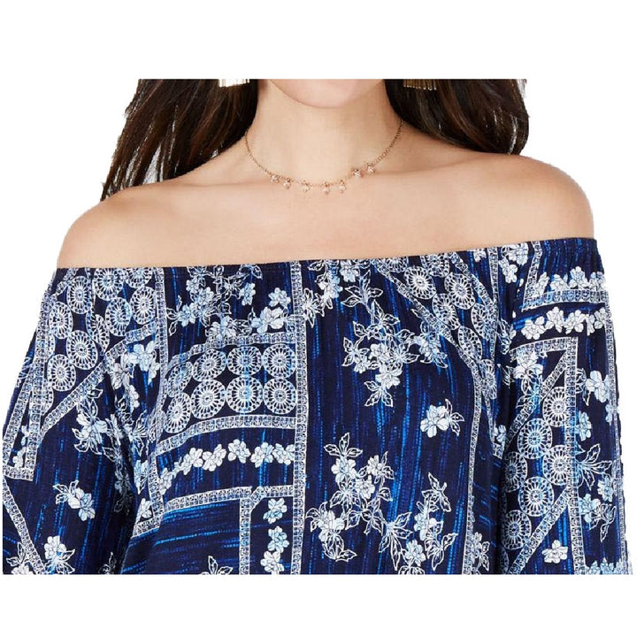 Style & Co Women's Printed Off The Shoulder Top Blue Size Small