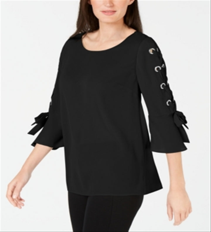 JM Collection Women's Laced Grommet Sleeve Top Black Size Large