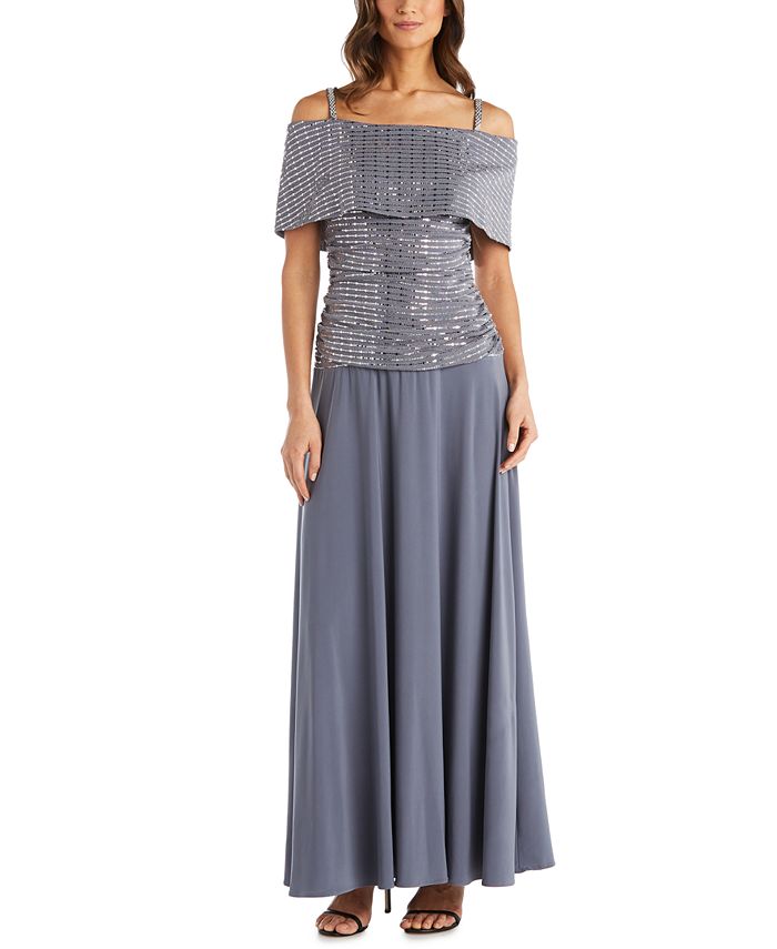 R & M Richards Women's Cold Shoulder Sequinned Gown Gray Size 6