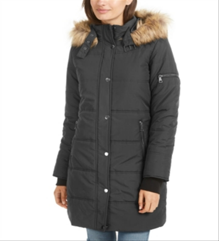 Maralyn & Me Junior's Faux Trim Hooded Puffer Coat Dark Grey Size XX-Large