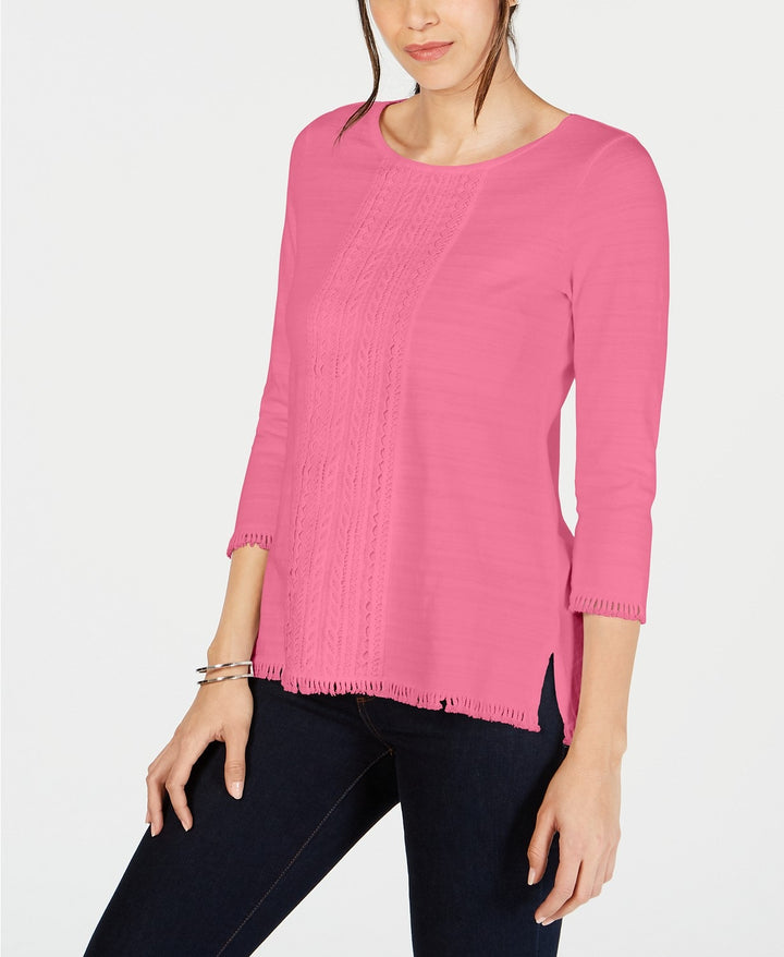 Charter Club Women's Cotton Lace Trim Top Pink Size X-Large