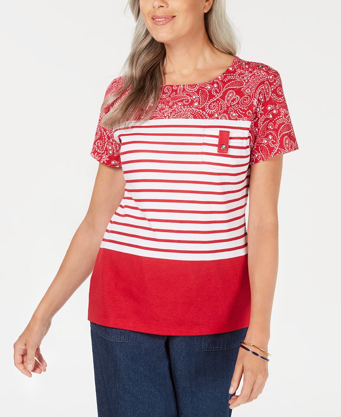 Karen Scott Bandana Striped Scoop-Neck Top Red Size XS