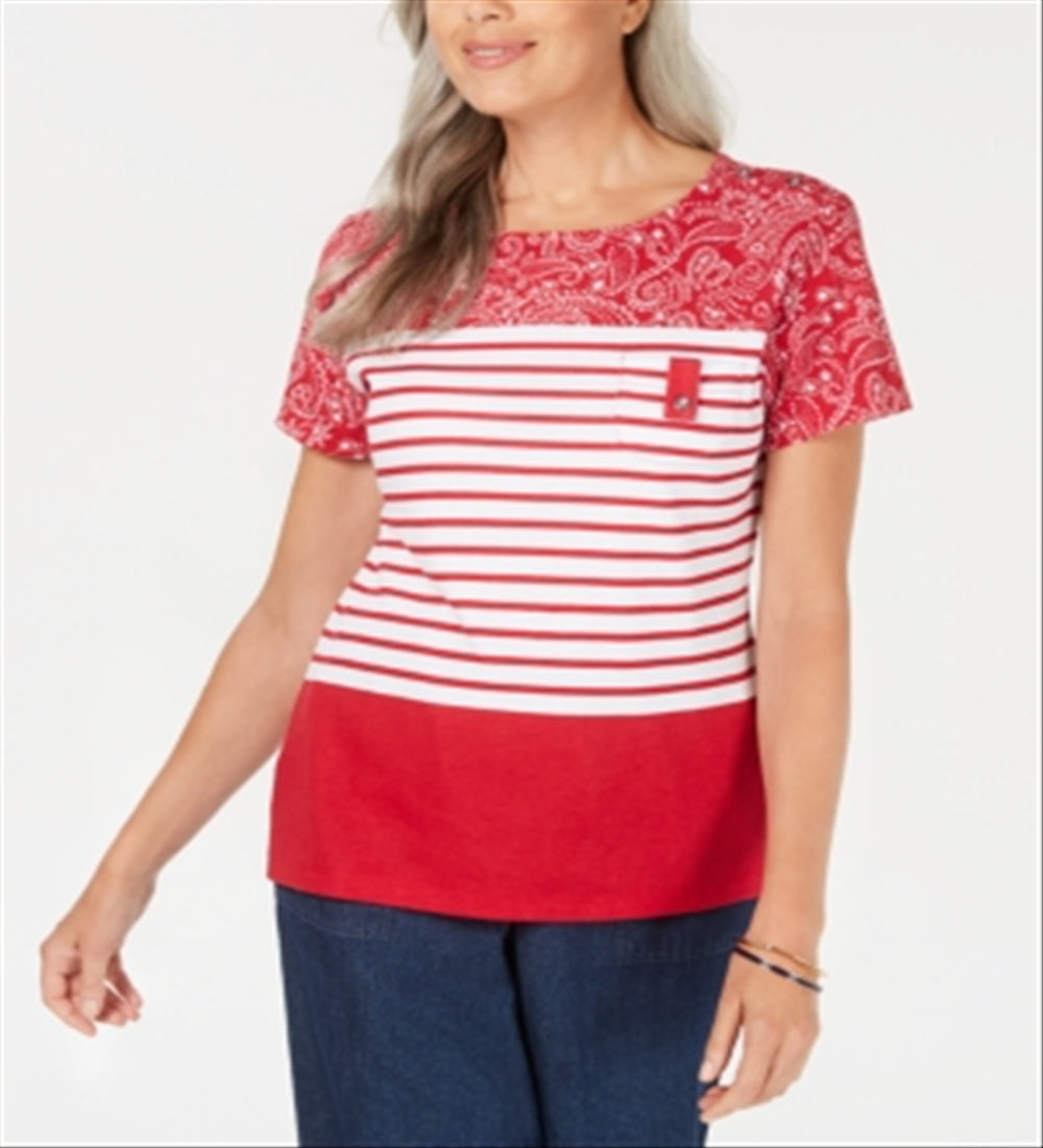 Karen Scott Bandana Striped Scoop-Neck Top Red Size XS