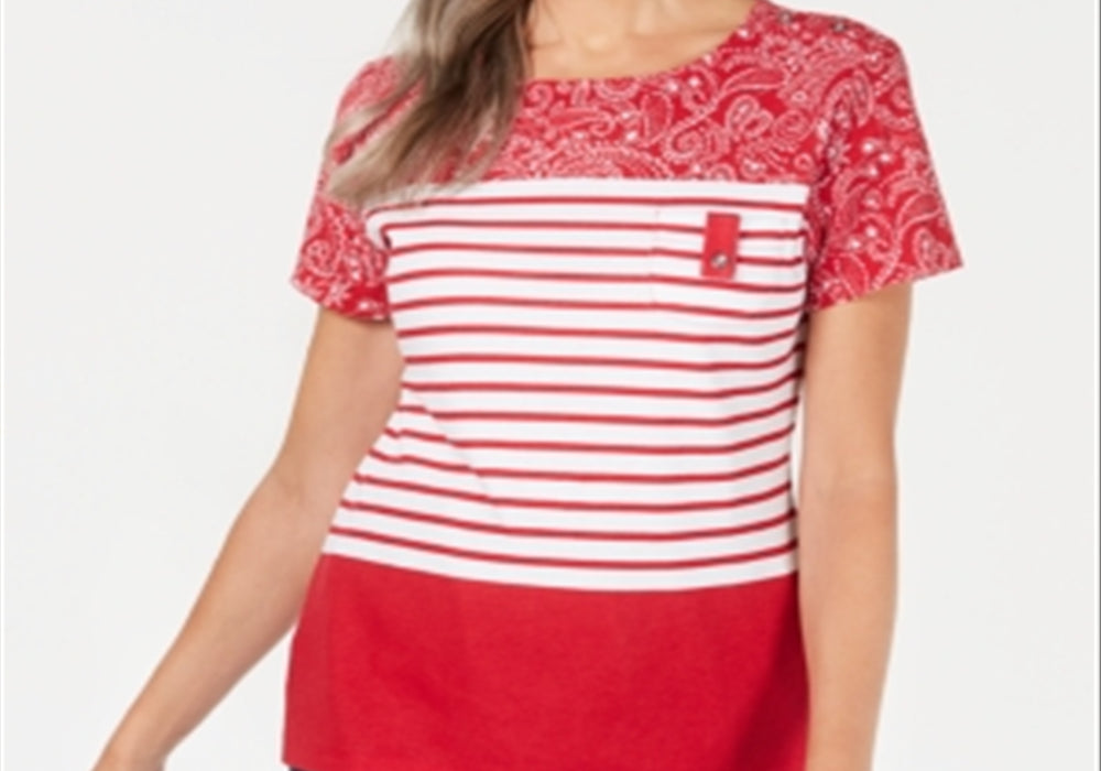 Karen Scott Bandana Striped Scoop-Neck Top Red Size XS