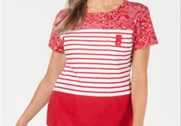 Karen Scott Bandana Striped Scoop-Neck Top Red Size XS