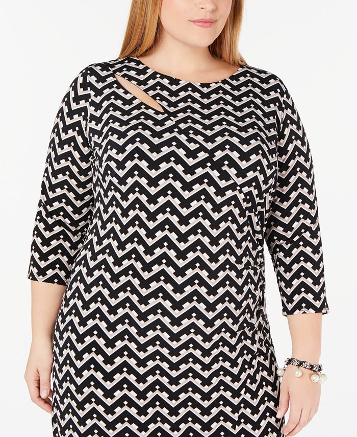 INC International Concepts Women's Geo Print Cutout Nec Zig Zag Print Dress Black Size 2X