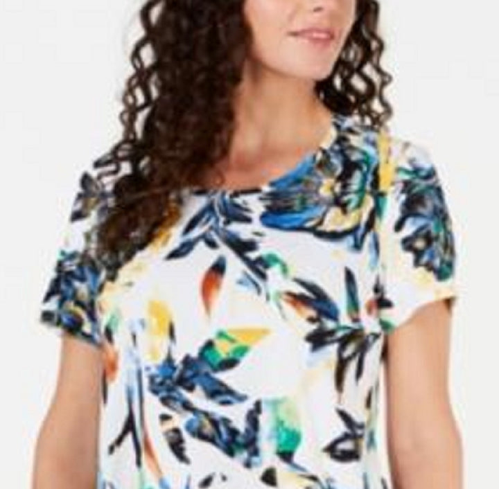 JM Collection Women's Printed Scoop Neck Top White Size Small