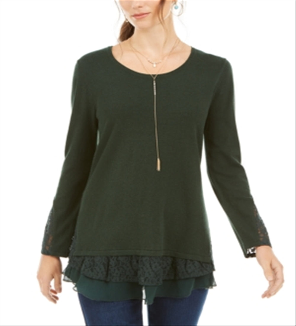 Style & Co Women's Lace Trimmed Long Sleeve Top Green Size Petite Small