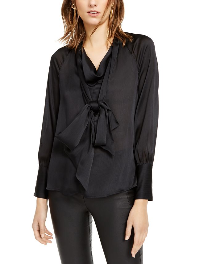 INC International Concepts Tie-Neck Satin Blouse Deep Black Size XL