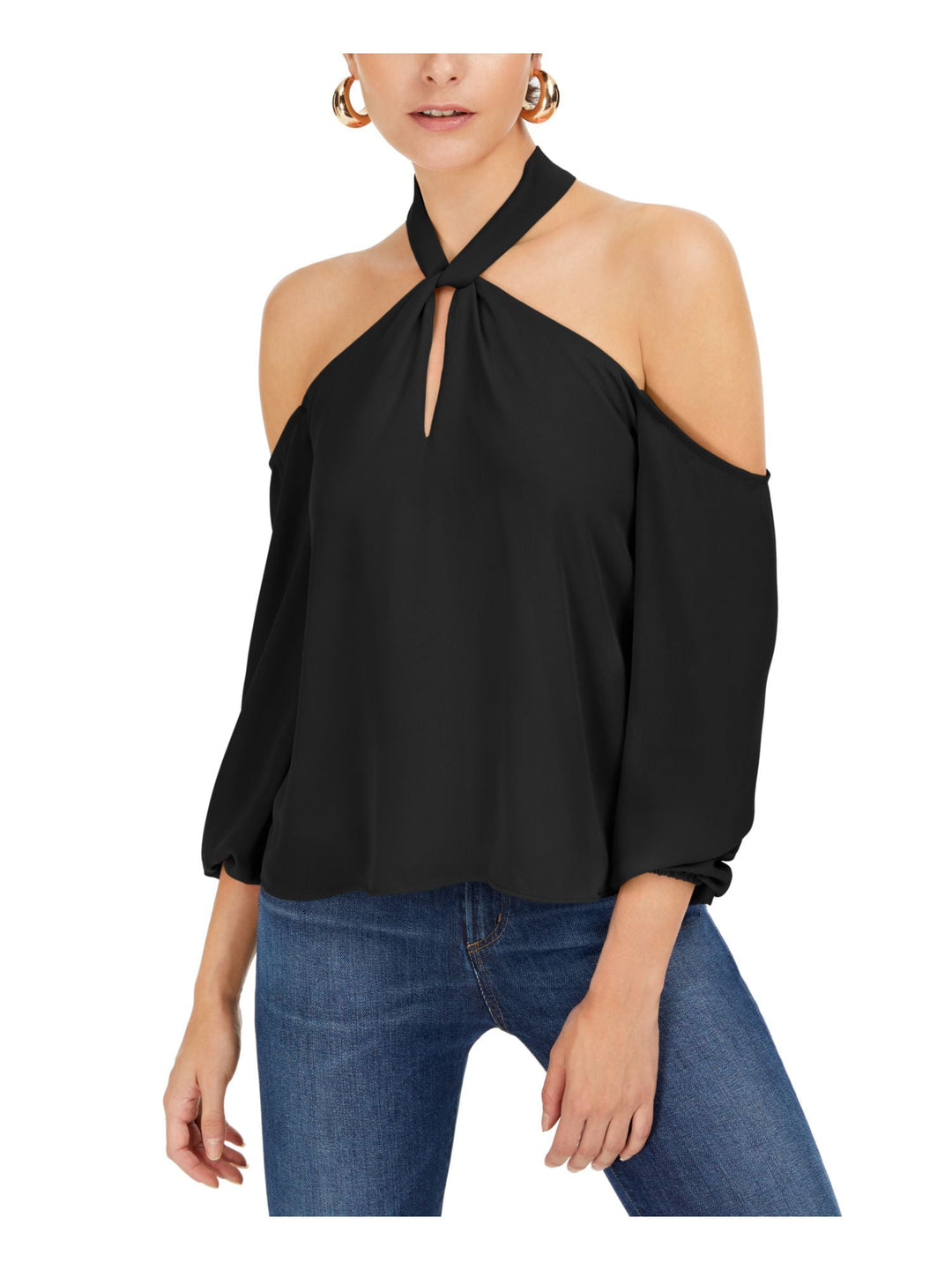 Bar III Women's Cold Shoulder Halter Long Sleeve Keyhole Party Blouse Black Size XX-Large