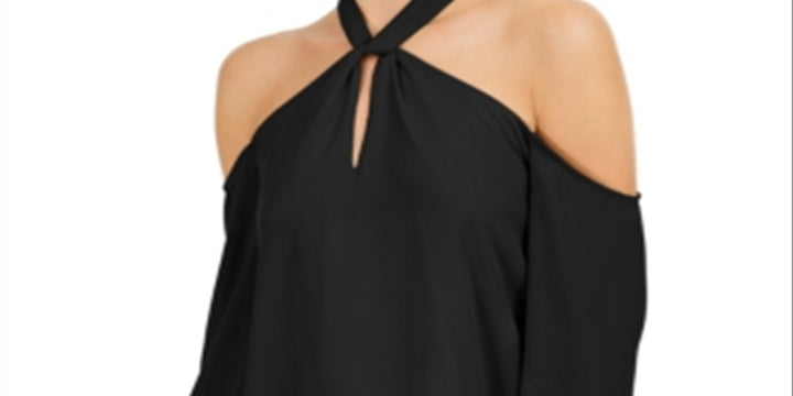 Bar III Women's Cold Shoulder Halter Long Sleeve Keyhole Party Blouse Black Size XX-Large