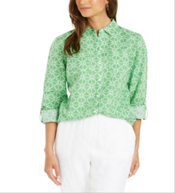 Charter Club Women's Printed Button Front Roll Tab Sleeve Top Green Size Petite X-Small