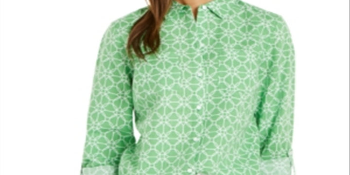 Charter Club Women's Printed Button Front Roll Tab Sleeve Top Green Size Petite X-Small