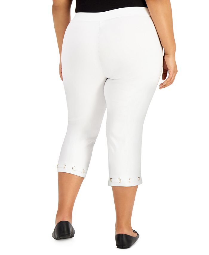 JM Collection Women's Grommet Hem Tummy Control Capri Pants White Size 1X