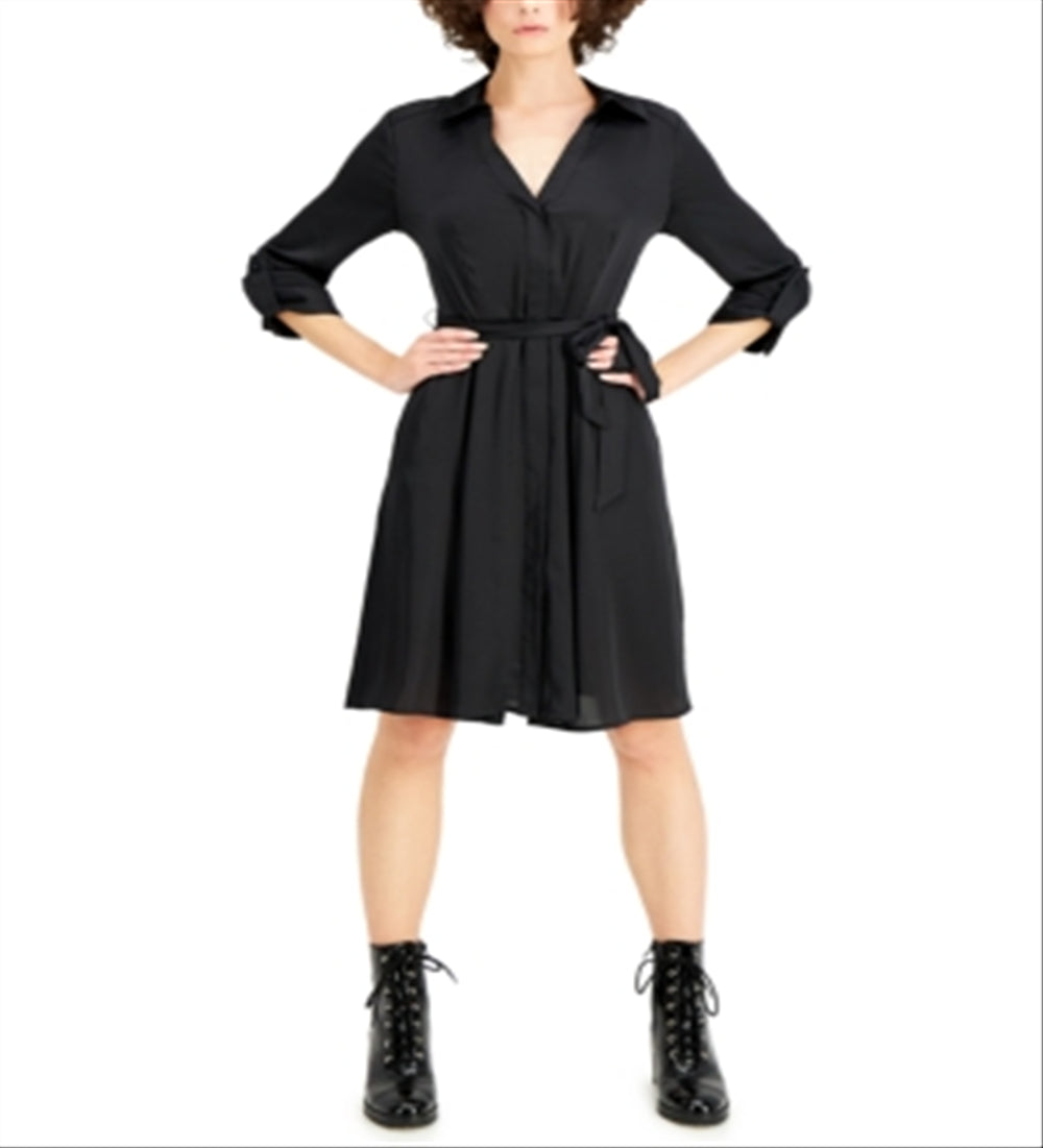 INC International Concepts Women's 3/4 Sleeve Belted Shirtdress Black Size 8