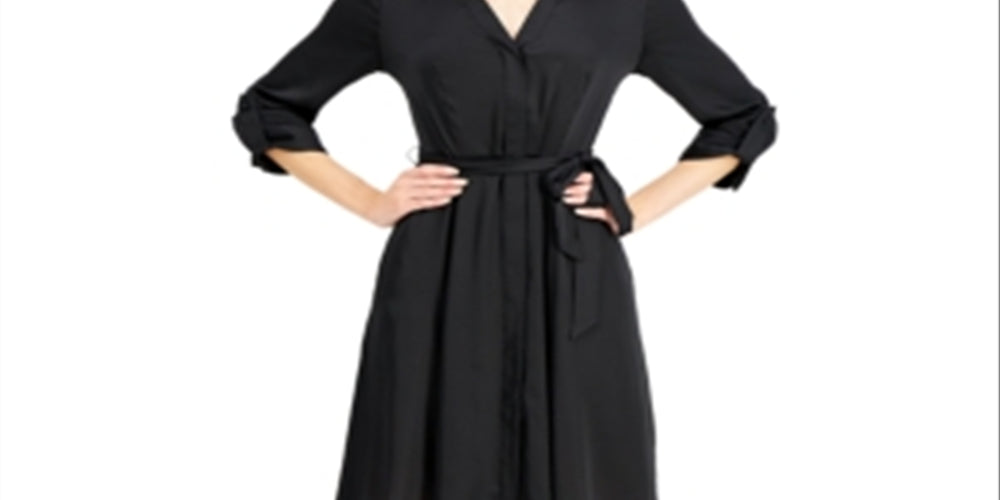 INC International Concepts Women's 3/4 Sleeve Belted Shirtdress Black Size 8