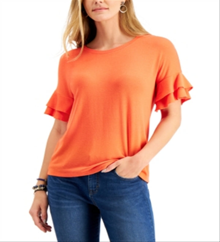 Style & Co Women's Flutter Sleeve Top Orange Size Medium