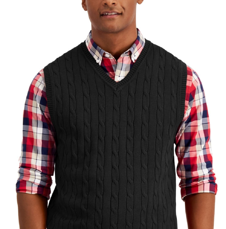 Club Room Men's Cable Knit Cotton Sweater Vest Black