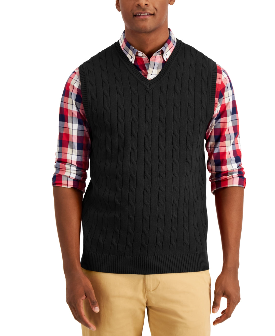 Club Room Men's Cable Knit Cotton Sweater Vest Black