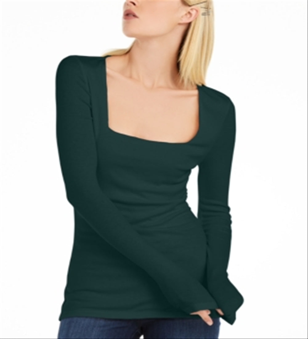 INC International Concepts Women's Square Neck Ribbed Top Green Size Large