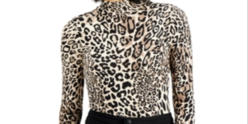 Bar III Women's Cheetah Print Mock Neck Bodysuit Brown Size XX-Large