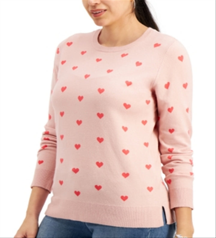 Style & Co Women's Heart Print Pullover Sweater Pink Size Medium