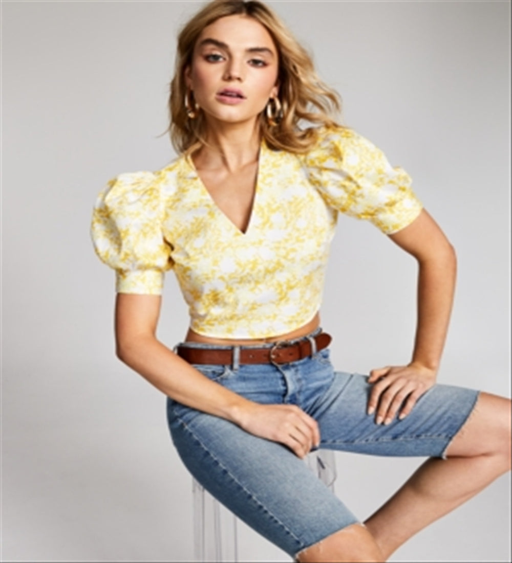 INC International Concepts Women's Printed Puff Sleeve Cropped Blouse Yellow Size Large