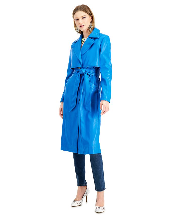 INC International Concepts Women's Faux Leather Trench Coat Blue Size Large