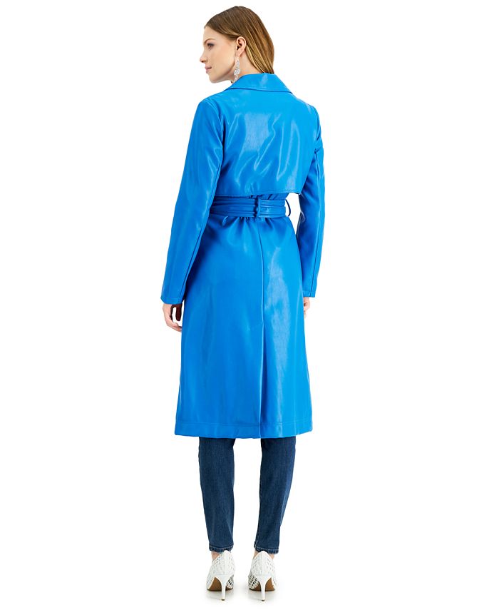 INC International Concepts Women's Faux Leather Trench Coat Blue Size Large