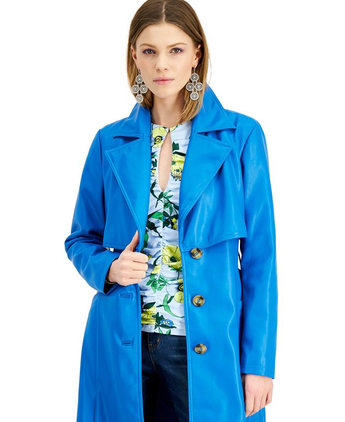 INC International Concepts Women's Faux Leather Trench Coat Blue Size Large