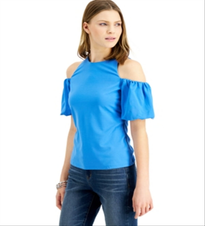 INC International Concepts Women's Cold Shoulder Balloon Sleeve Top Blue Size Small